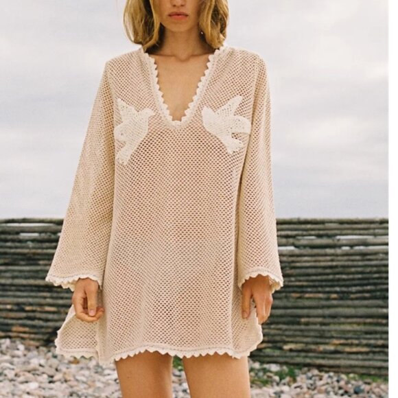 BEST Sea New York Sally Crochet Mini Dress Small Cream Tan Vacation Beach Causal - Picture 3 of 9